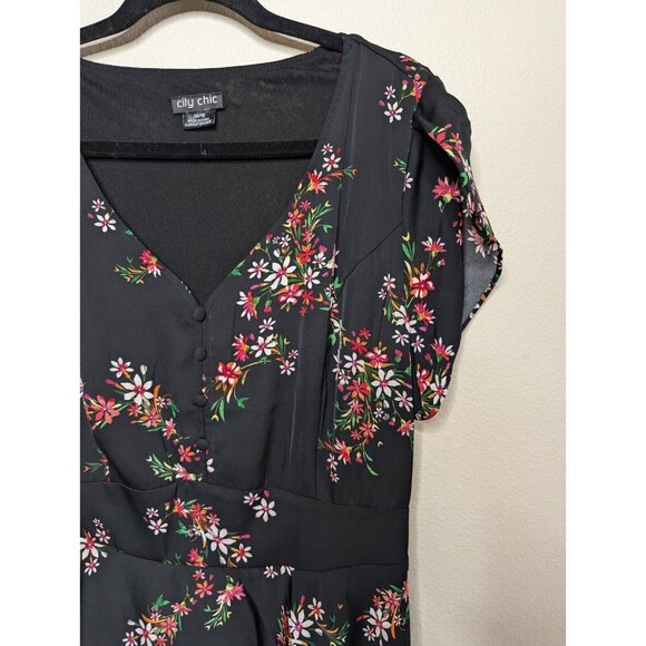 CITY CHIC Dress Size 18 Black Floral Sundress Knee Length Boho Summer Wedding C6 - Picture 6 of 16